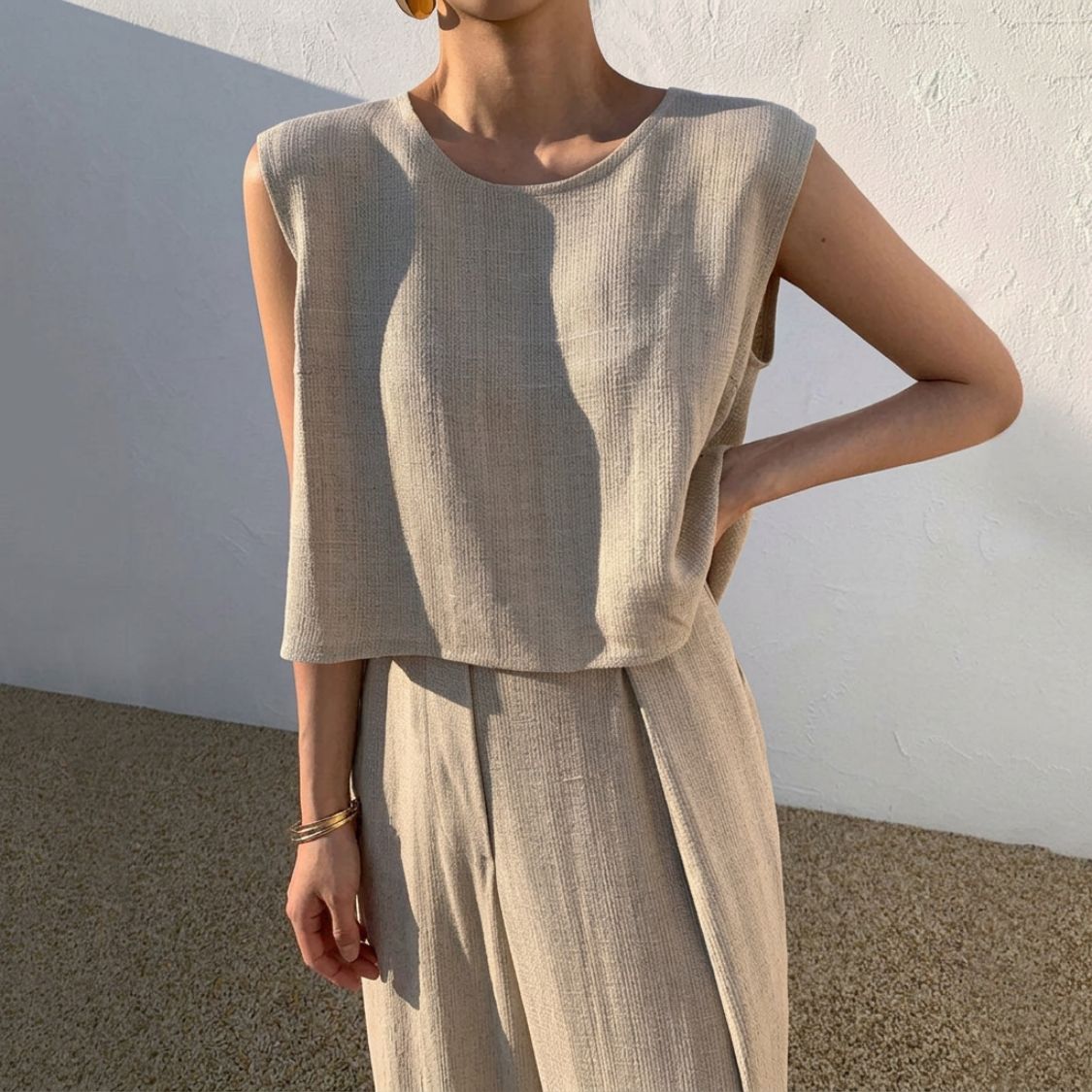 Dames Linnenmix Set met Mouwloze Top en Wijde Broek