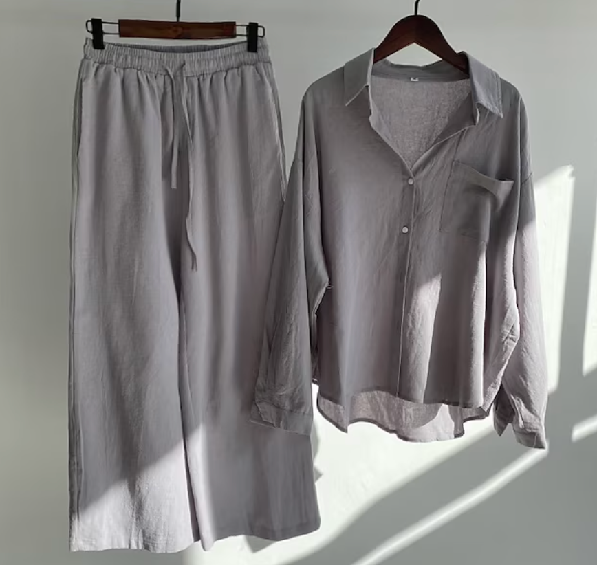 Dames Linnenmix Set met Oversized Overhemd en Wijde Broek