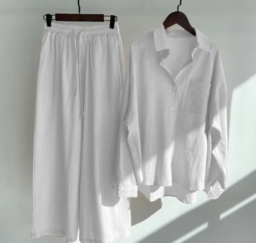 Dames Linnenmix Set met Oversized Overhemd en Wijde Broek