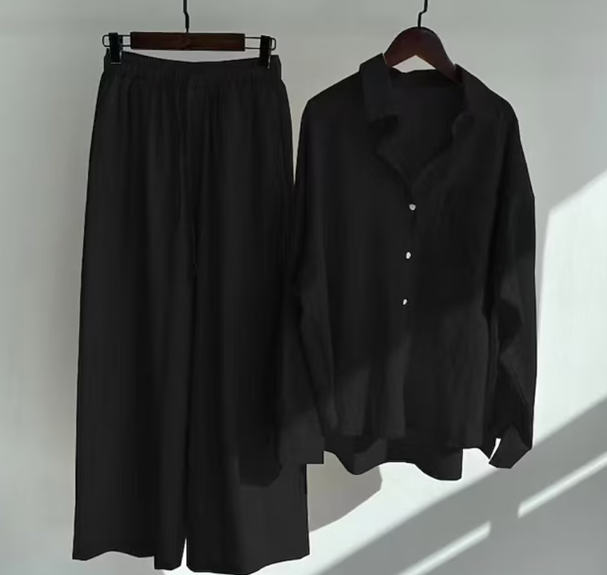 Dames Linnenmix Set met Oversized Overhemd en Wijde Broek