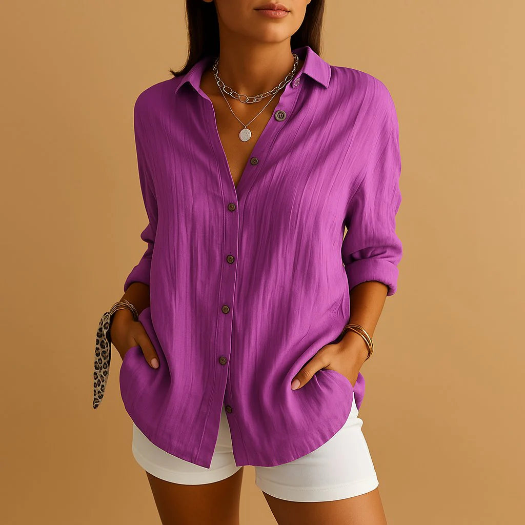 Dames Linnenmix Zomerblouse met Reverskraag en Knoopsluiting