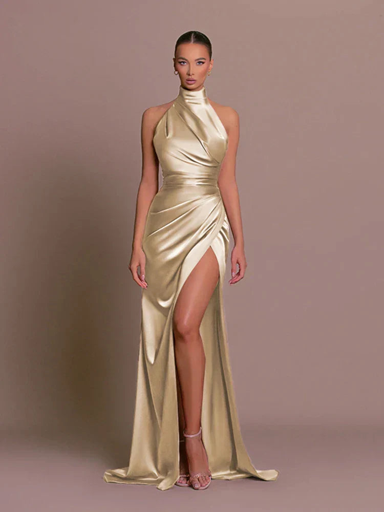 Dames Maxi Avondjurk met Satijnlook en Zijsplit