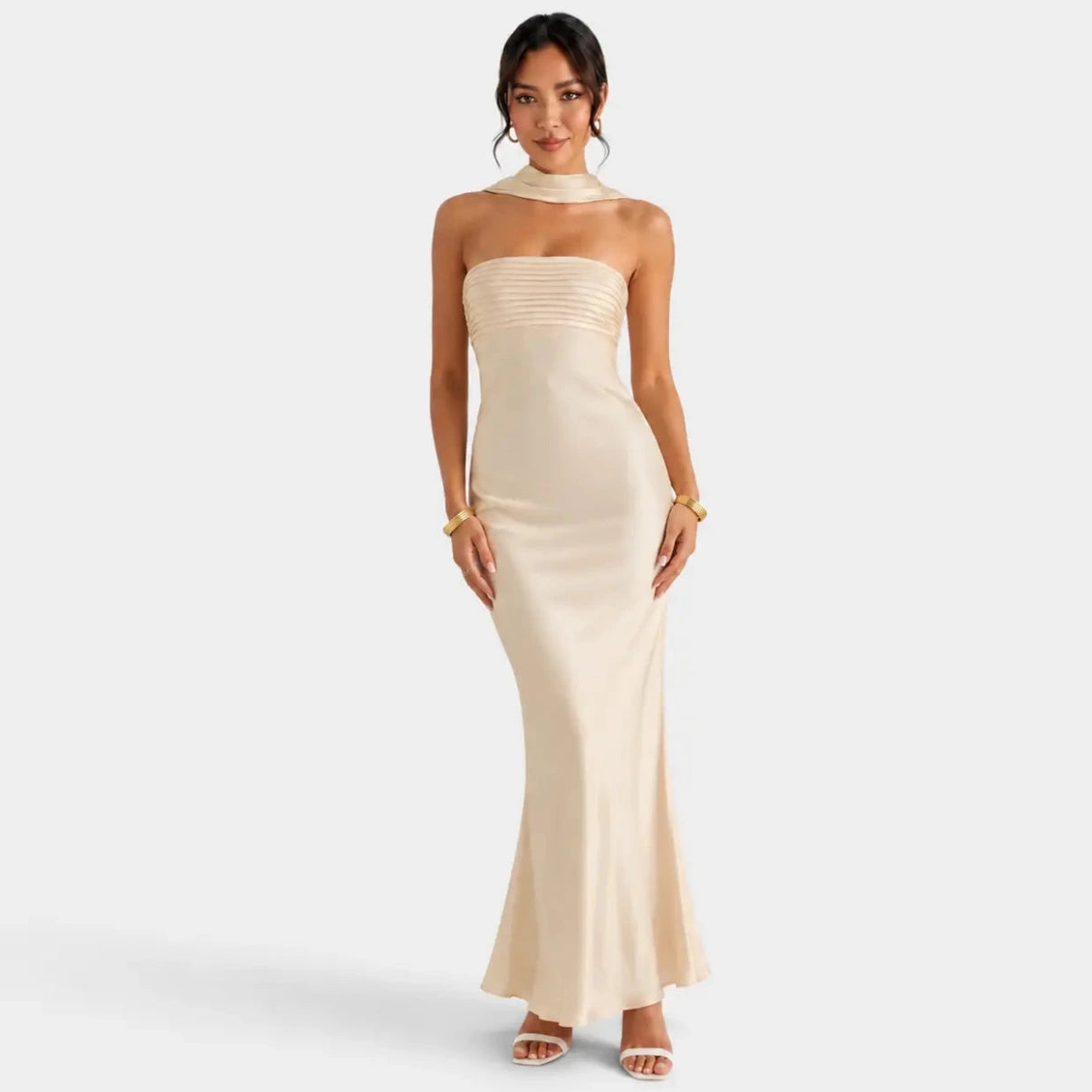 Dames Maxi Jurk met Halternek en Sjaaldetail