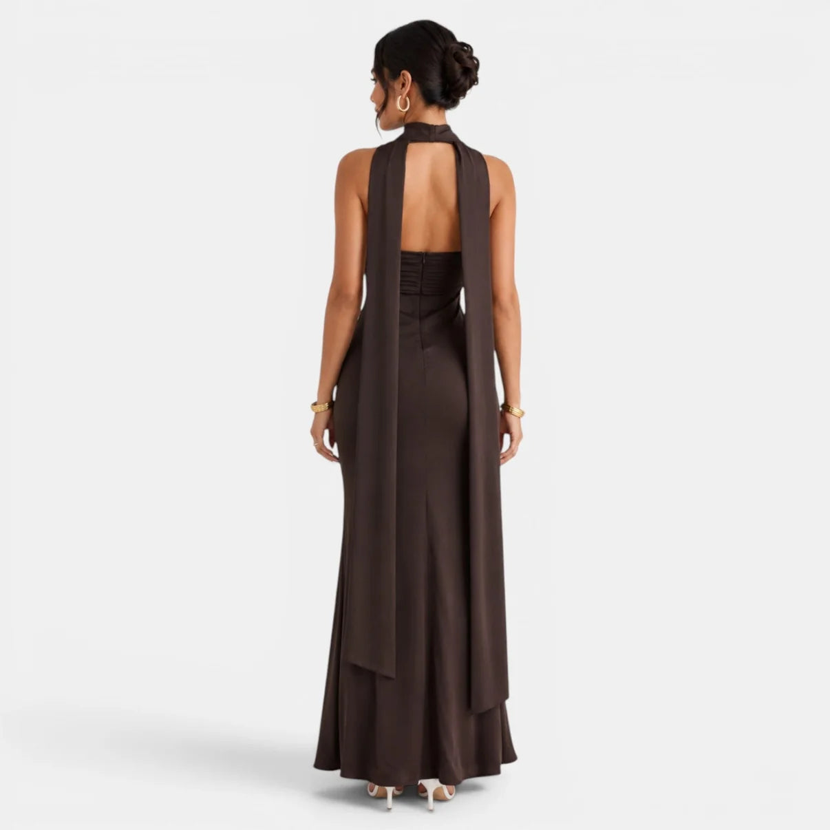 Dames Maxi Jurk met Halternek en Sjaaldetail