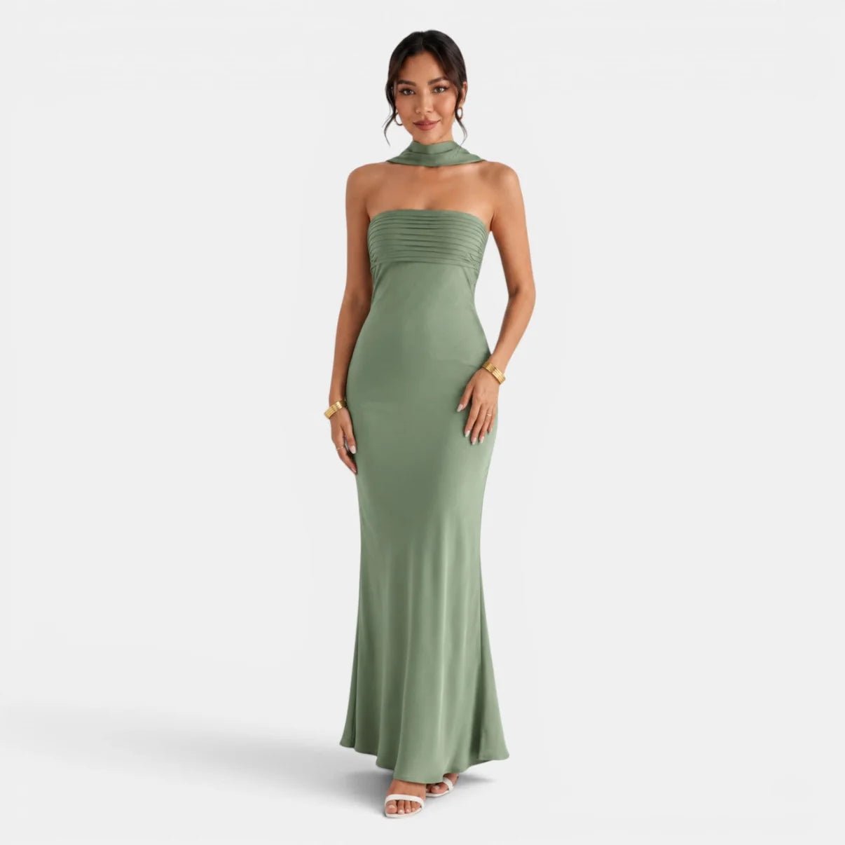 Dames Maxi Jurk met Halternek en Sjaaldetail