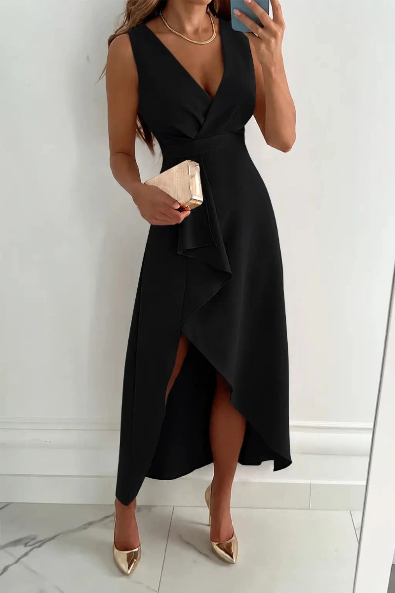 Dames Maxi Jurk met V-Hals en Asymmetrische Zoom