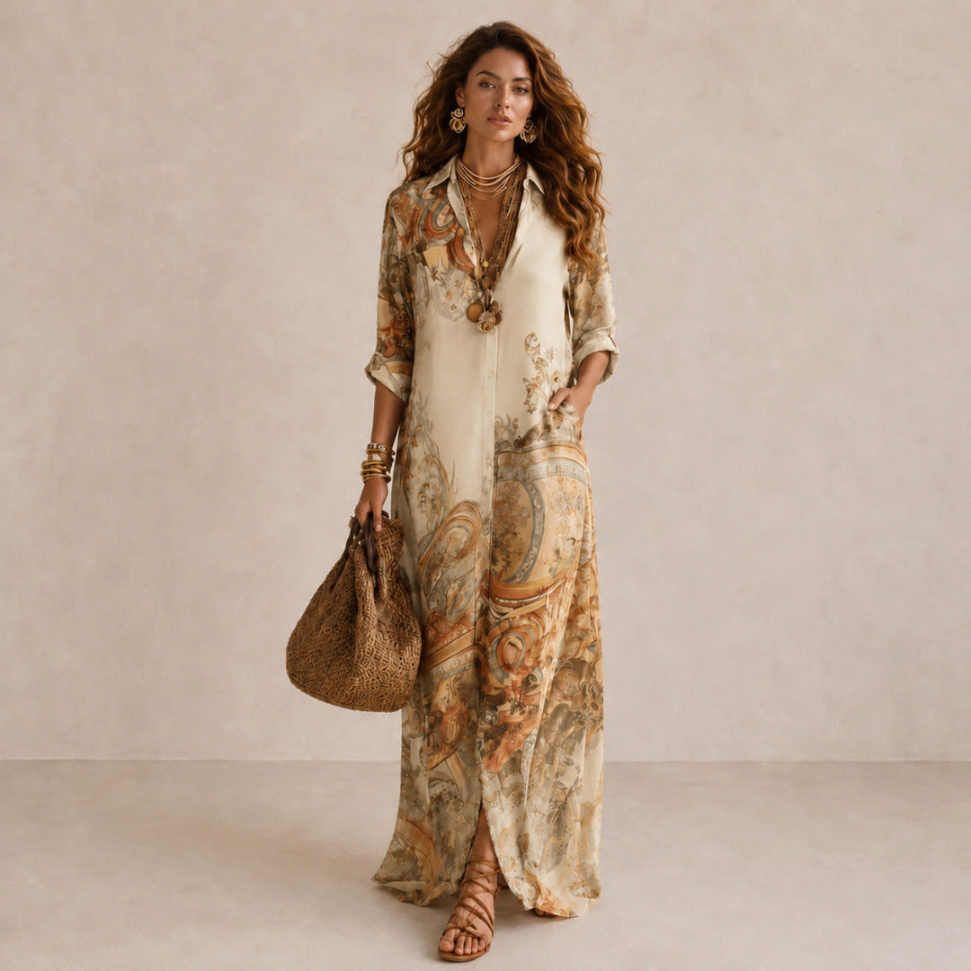 Dames Maxi Shirtjurk met Overhemdkraag en Knoopsluiting