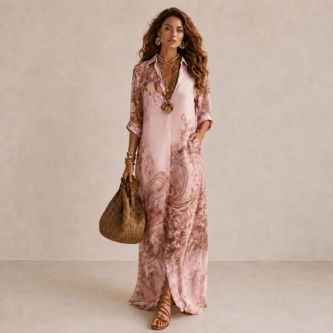 Dames Maxi Shirtjurk met Overhemdkraag en Knoopsluiting