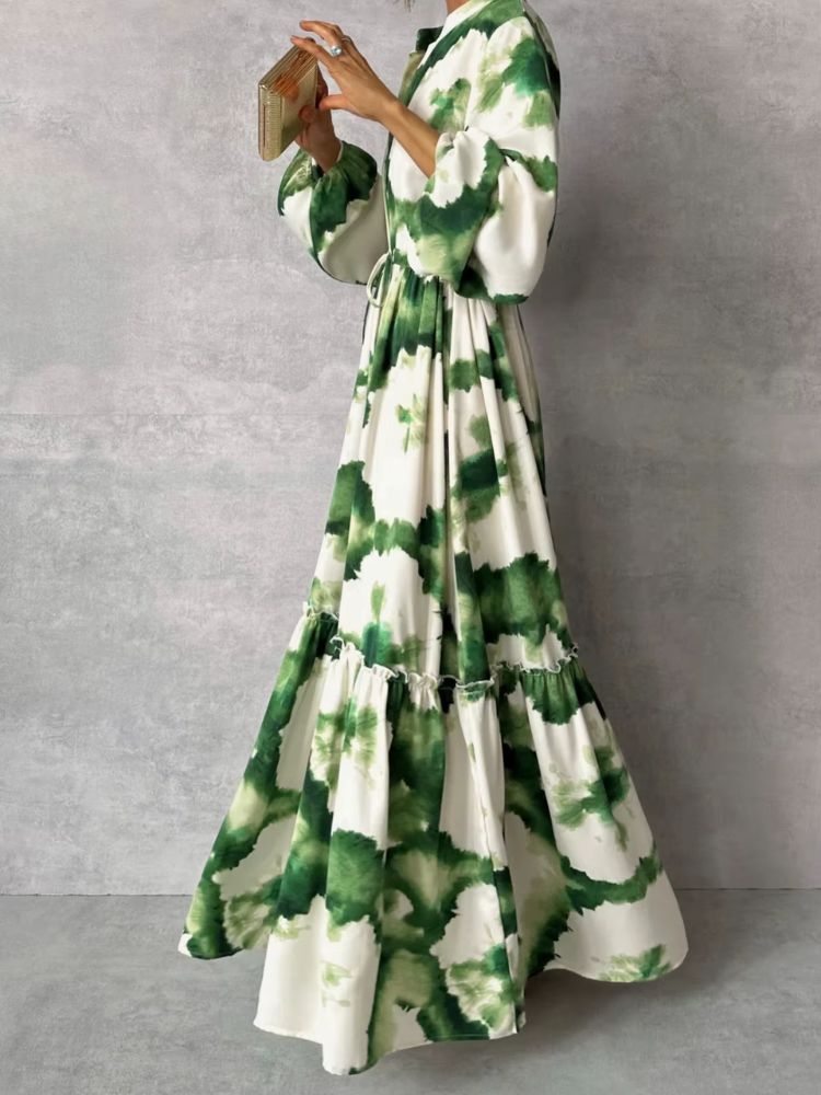 Dames Maxi Zomerjurk met Lange Mouwen en Print