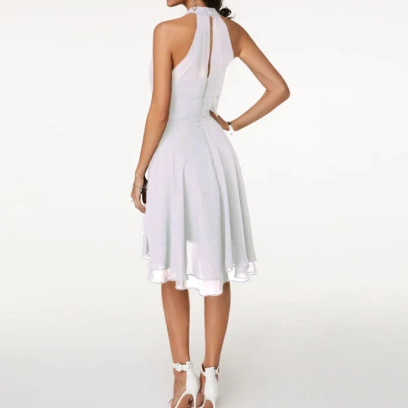 Dames Midi Jurk met Hoge Halslijn en Geplooide Rok