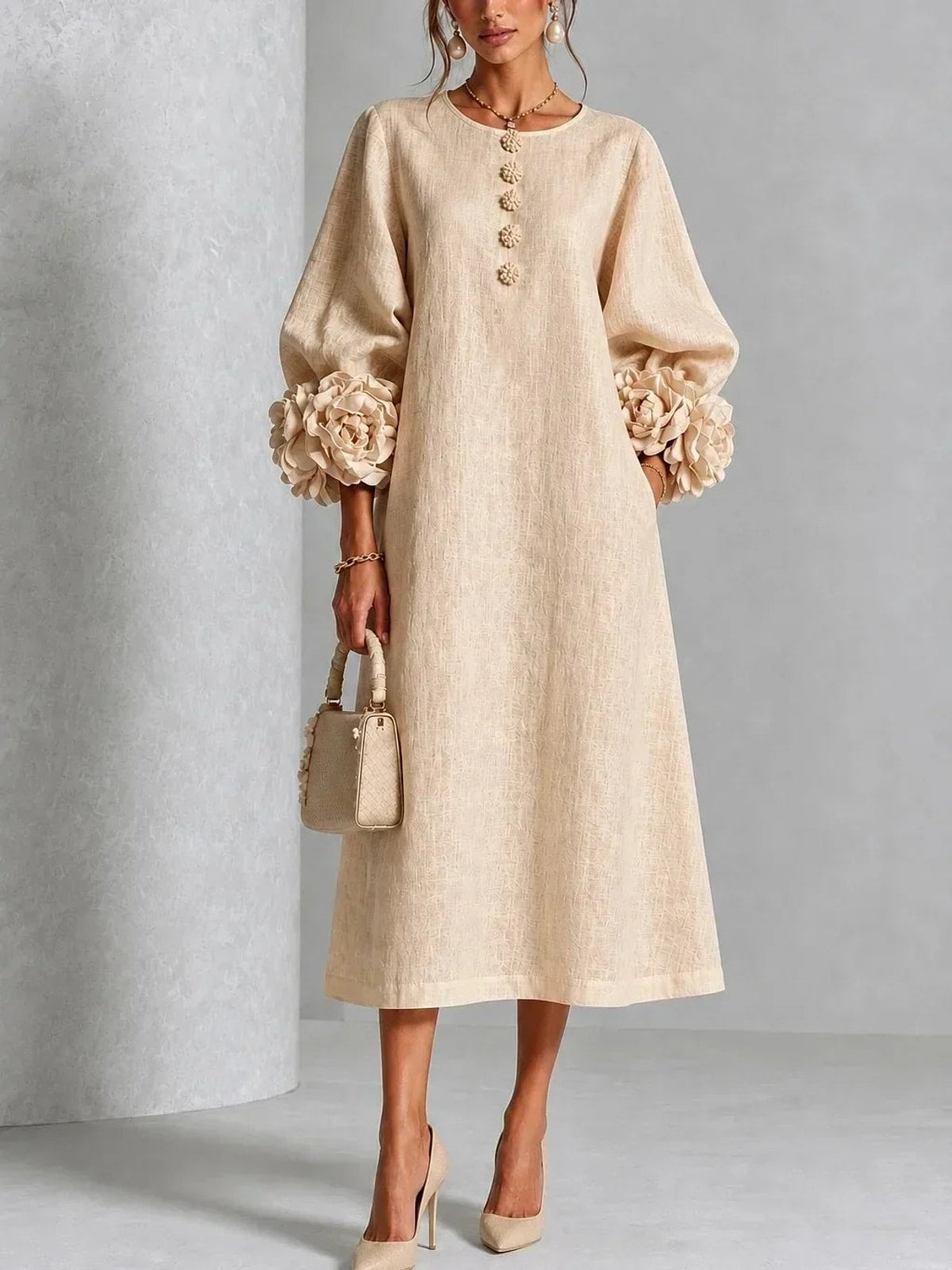 Dames Midi Jurk met Pofmouwen en Knopen