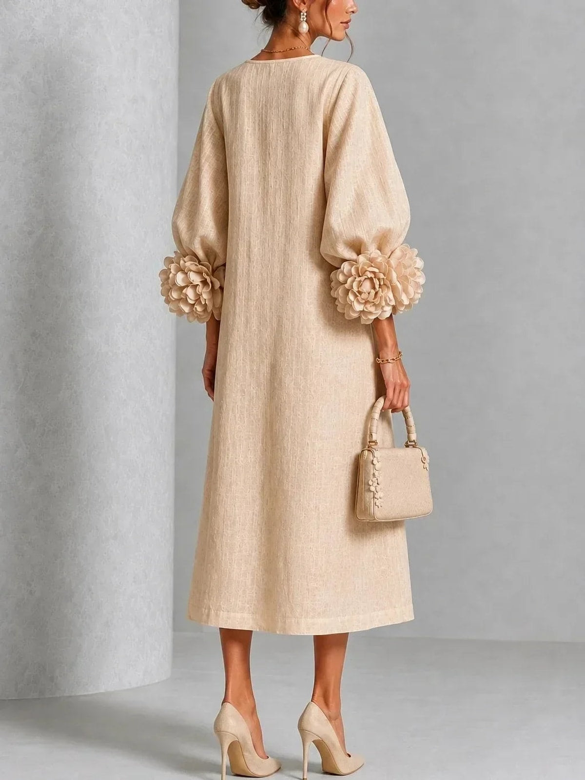 Dames Midi Jurk met Pofmouwen en Knopen
