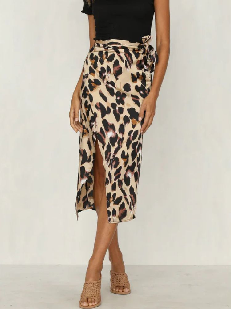Dames Midi Rok met Luipaardprint en Zijsplit