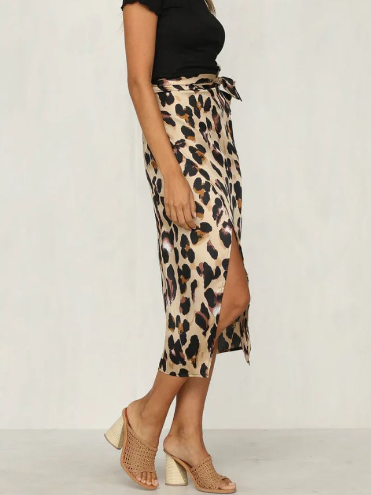 Dames Midi Rok met Luipaardprint en Zijsplit