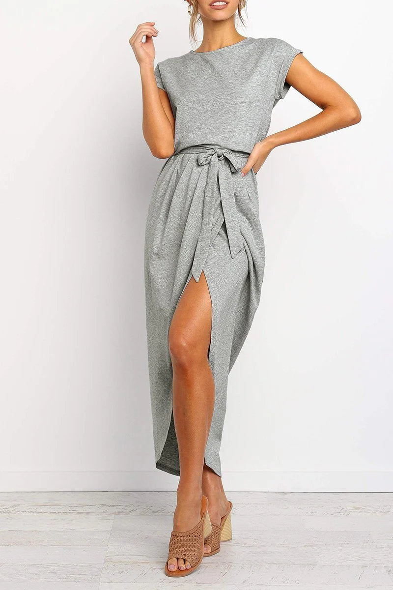 Dames Midi Zomerjurk met Korte Mouwen en Strikdetail