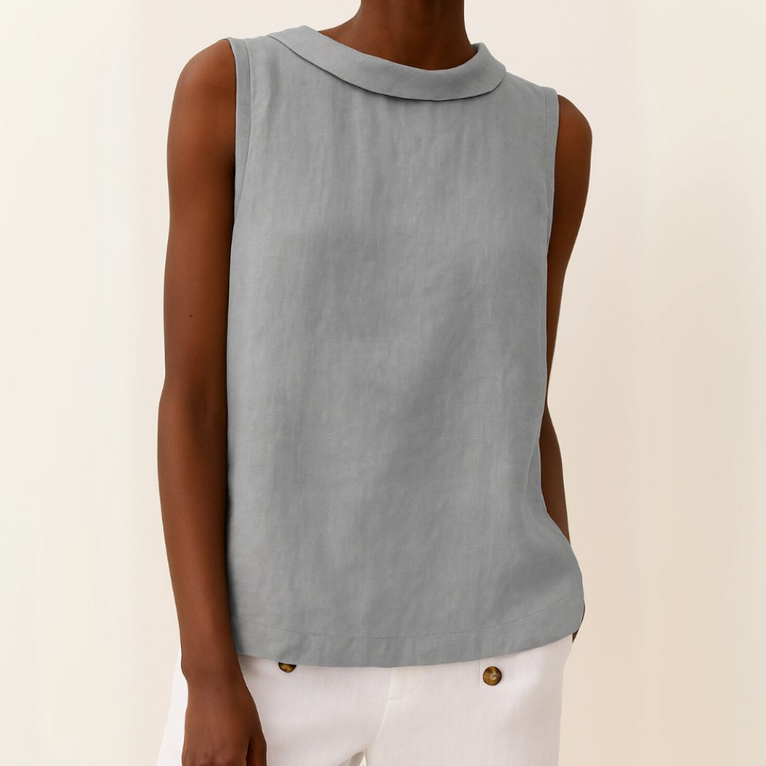 Dames Mouwloze Linnenmix Zomerblouse met Rolkraag