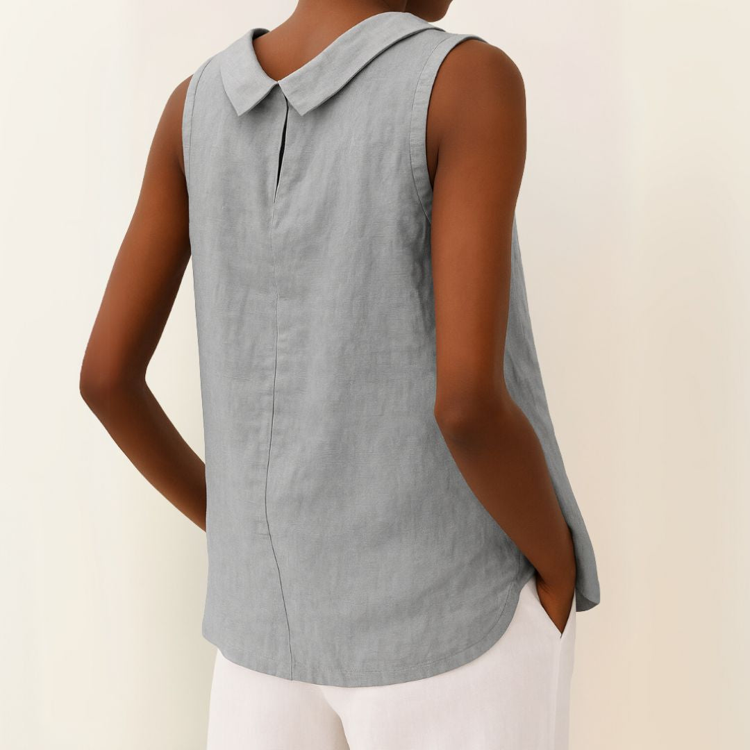 Dames Mouwloze Linnenmix Zomerblouse met Rolkraag