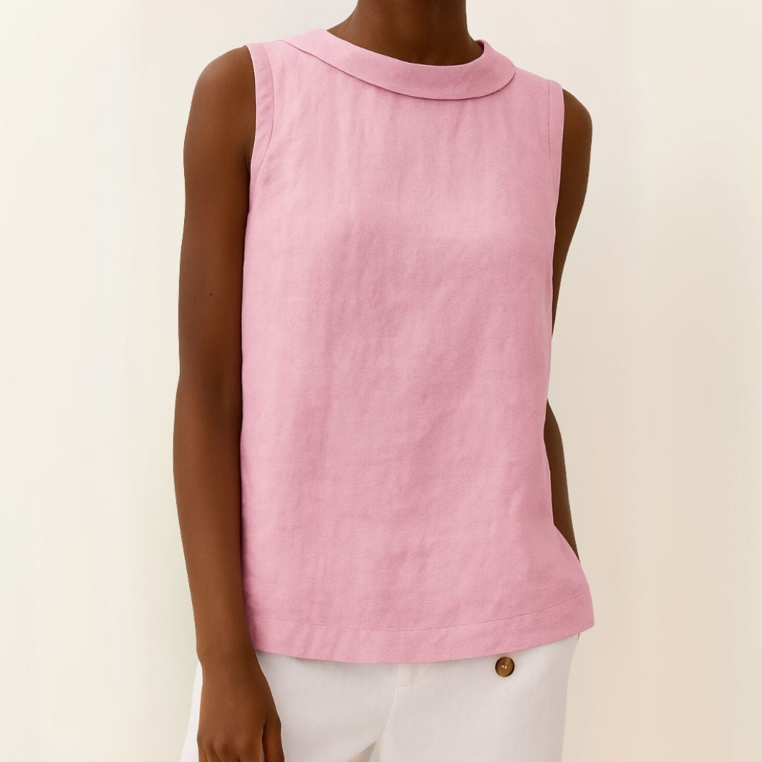 Dames Mouwloze Linnenmix Zomerblouse met Rolkraag