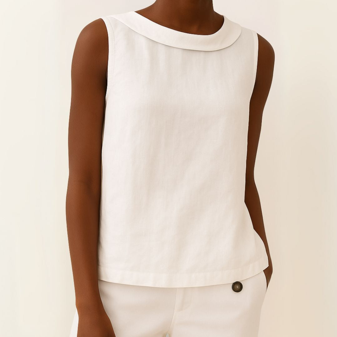 Dames Mouwloze Linnenmix Zomerblouse met Rolkraag