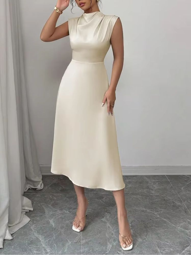 Dames Mouwloze Satijnlook Midi Jurk met Cowl Hals