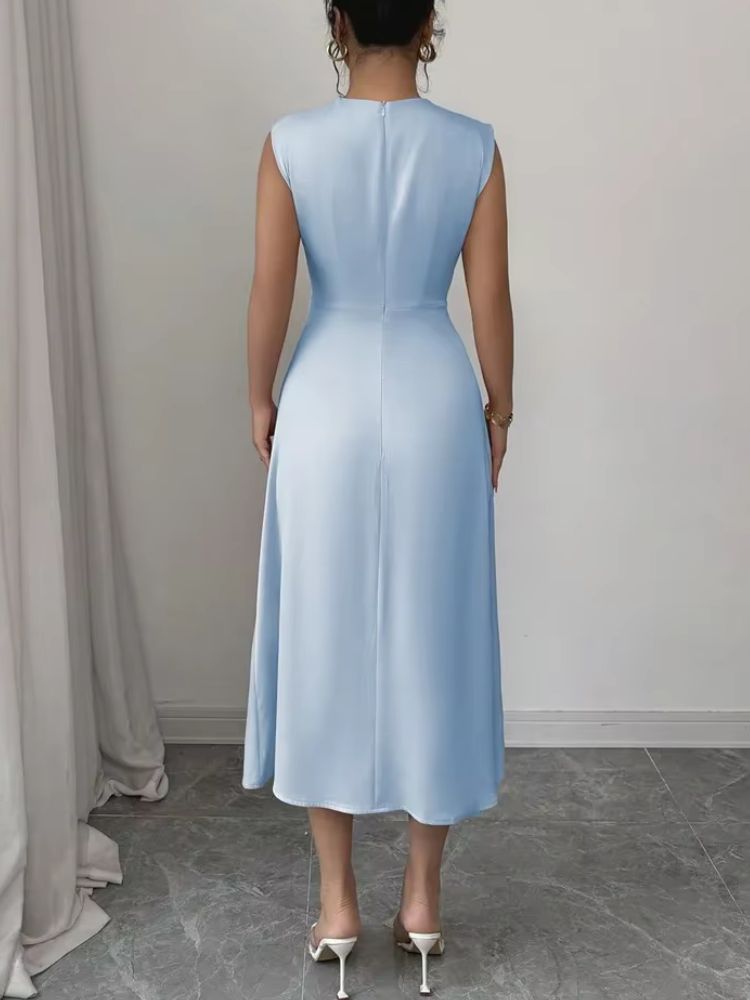 Dames Mouwloze Satijnlook Midi Jurk met Cowl Hals
