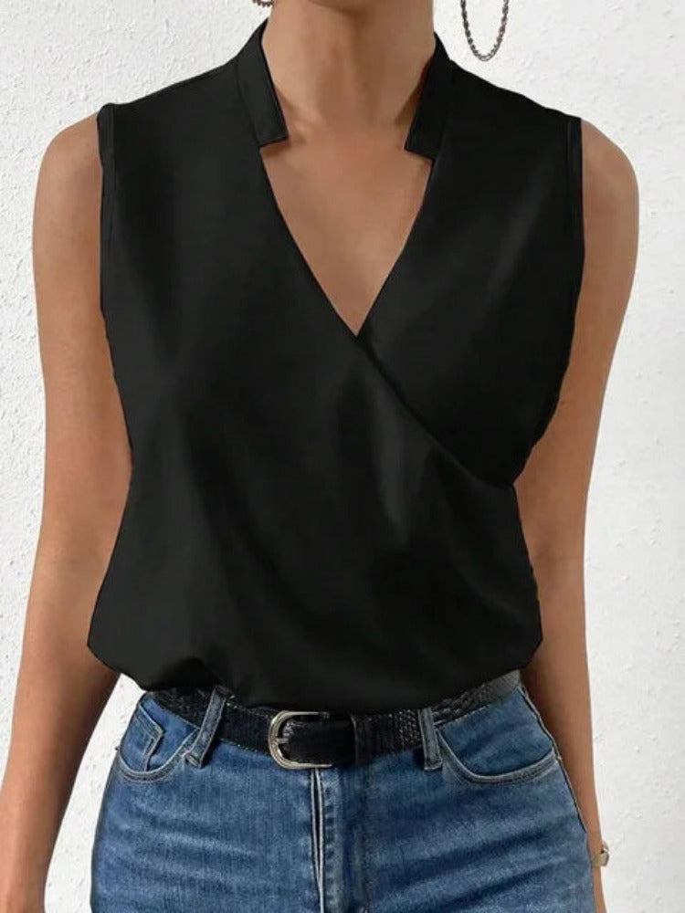Dames Mouwloze Zomerblouse met V-hals en Wikkeldetail