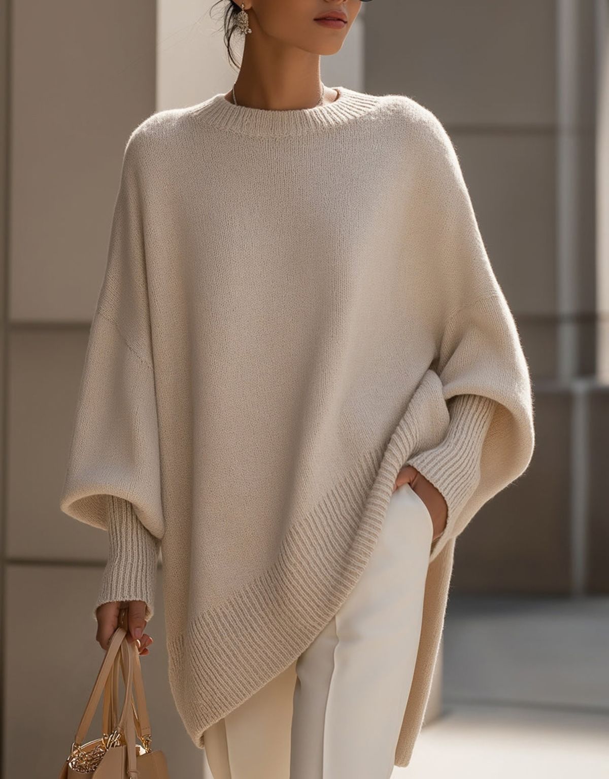 Dames Oversized Gebreide Trui met Asymmetrische Zoom en Ronde Hals