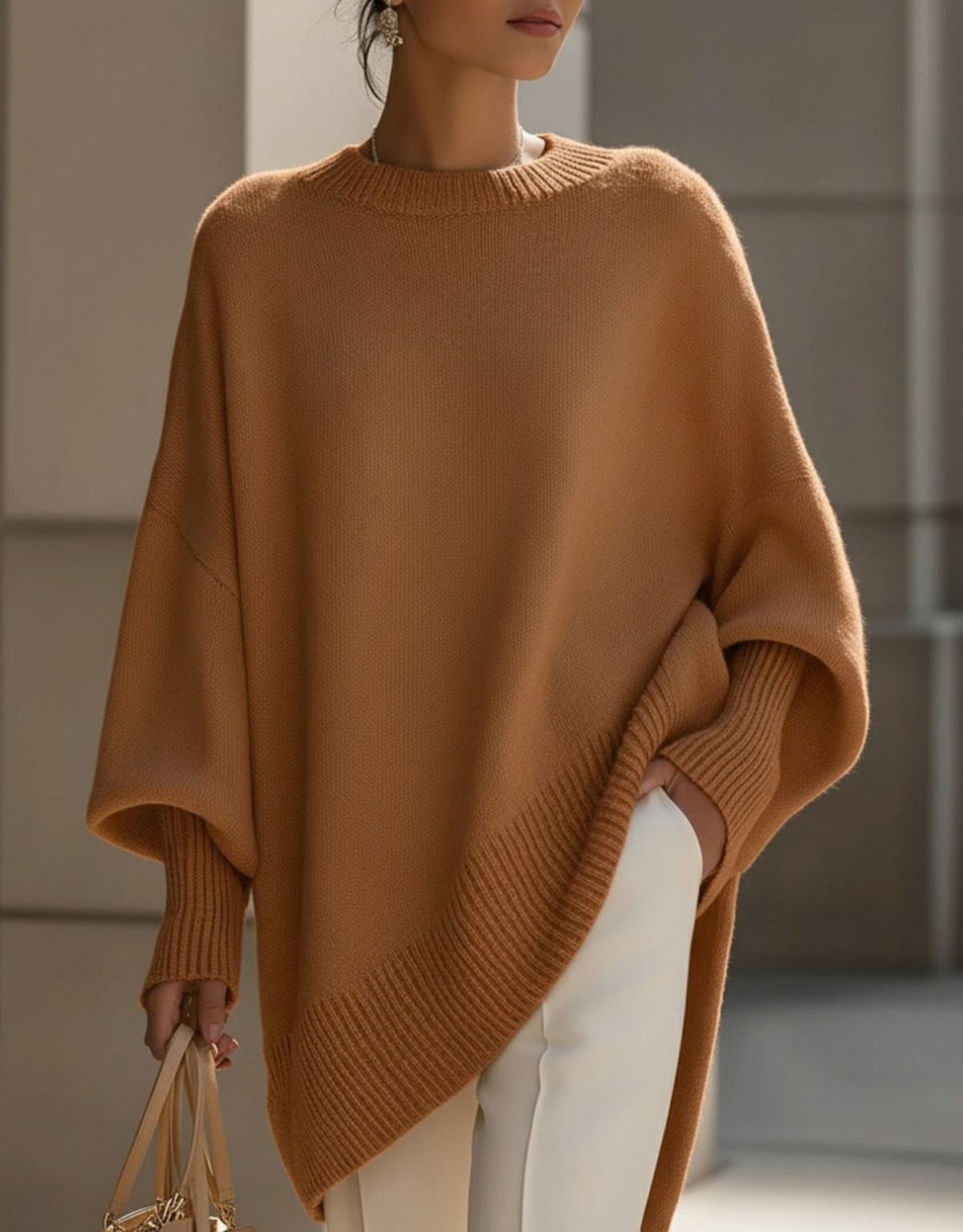 Dames Oversized Gebreide Trui met Asymmetrische Zoom en Ronde Hals