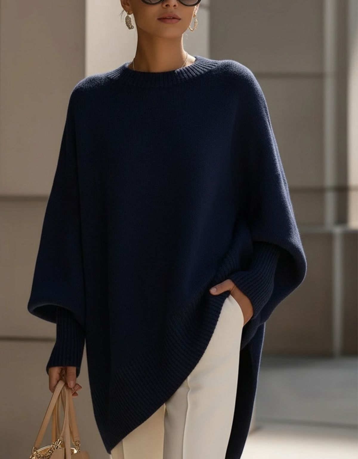 Dames Oversized Gebreide Trui met Asymmetrische Zoom en Ronde Hals