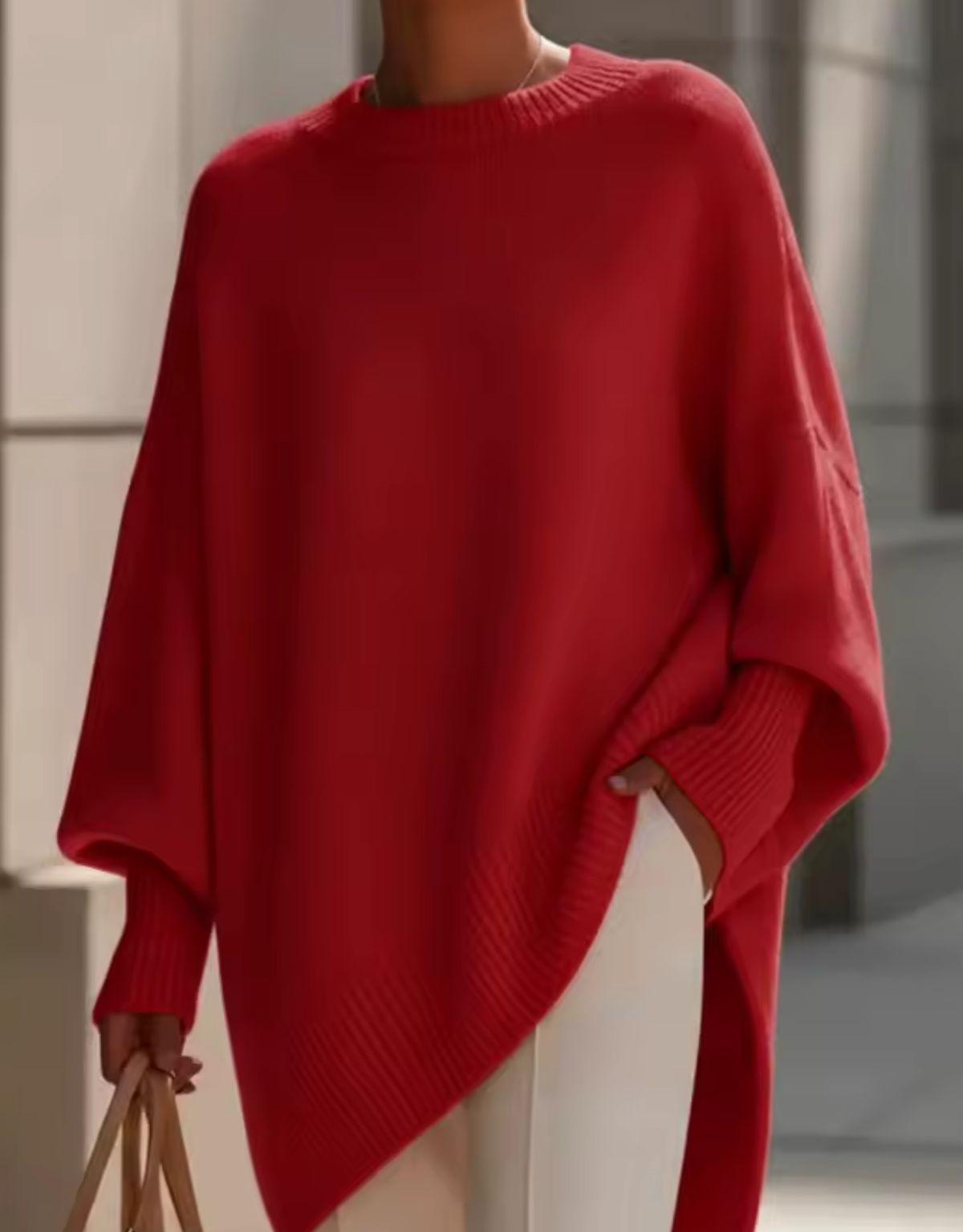 Dames Oversized Gebreide Trui met Asymmetrische Zoom en Ronde Hals