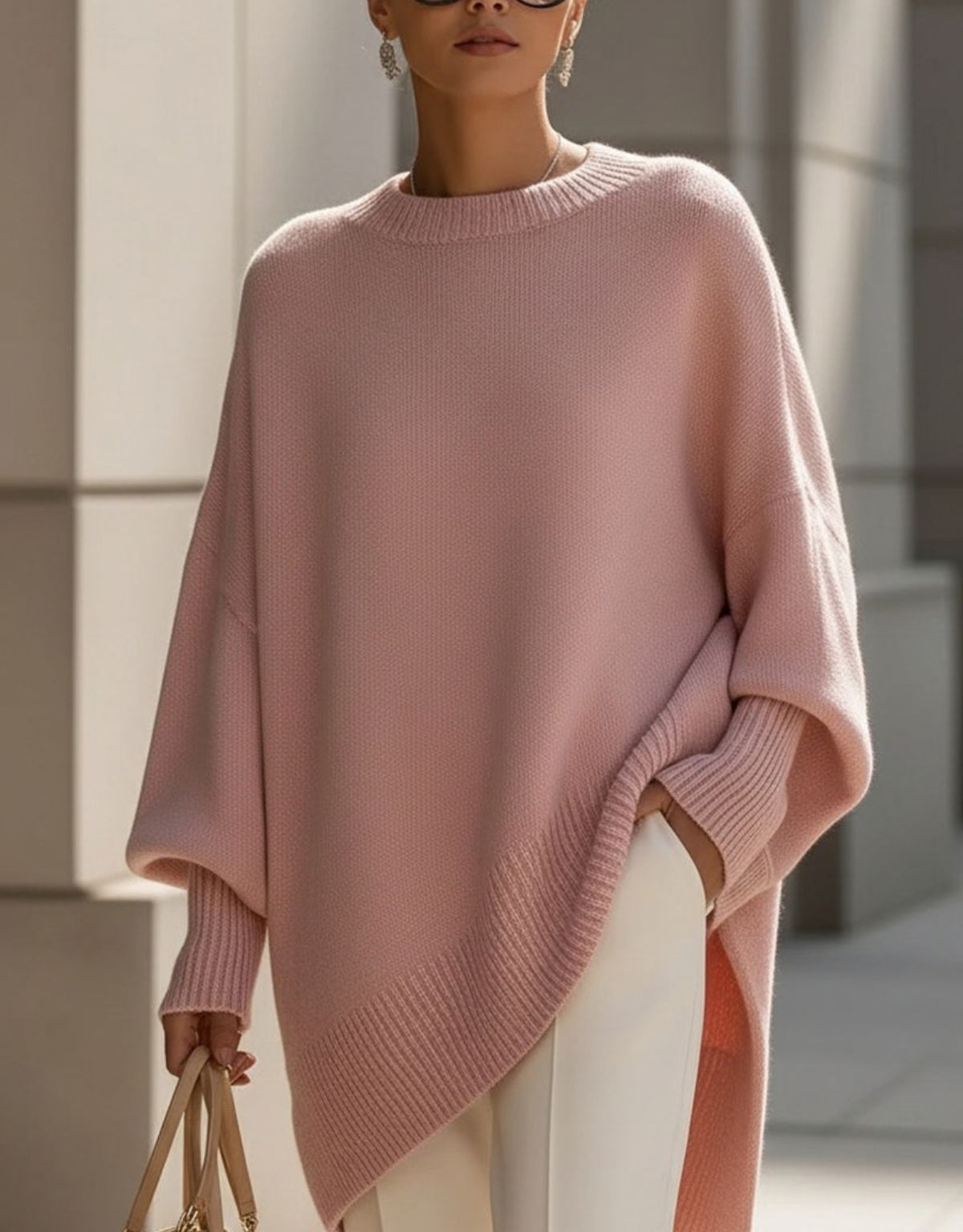 Dames Oversized Gebreide Trui met Asymmetrische Zoom en Ronde Hals