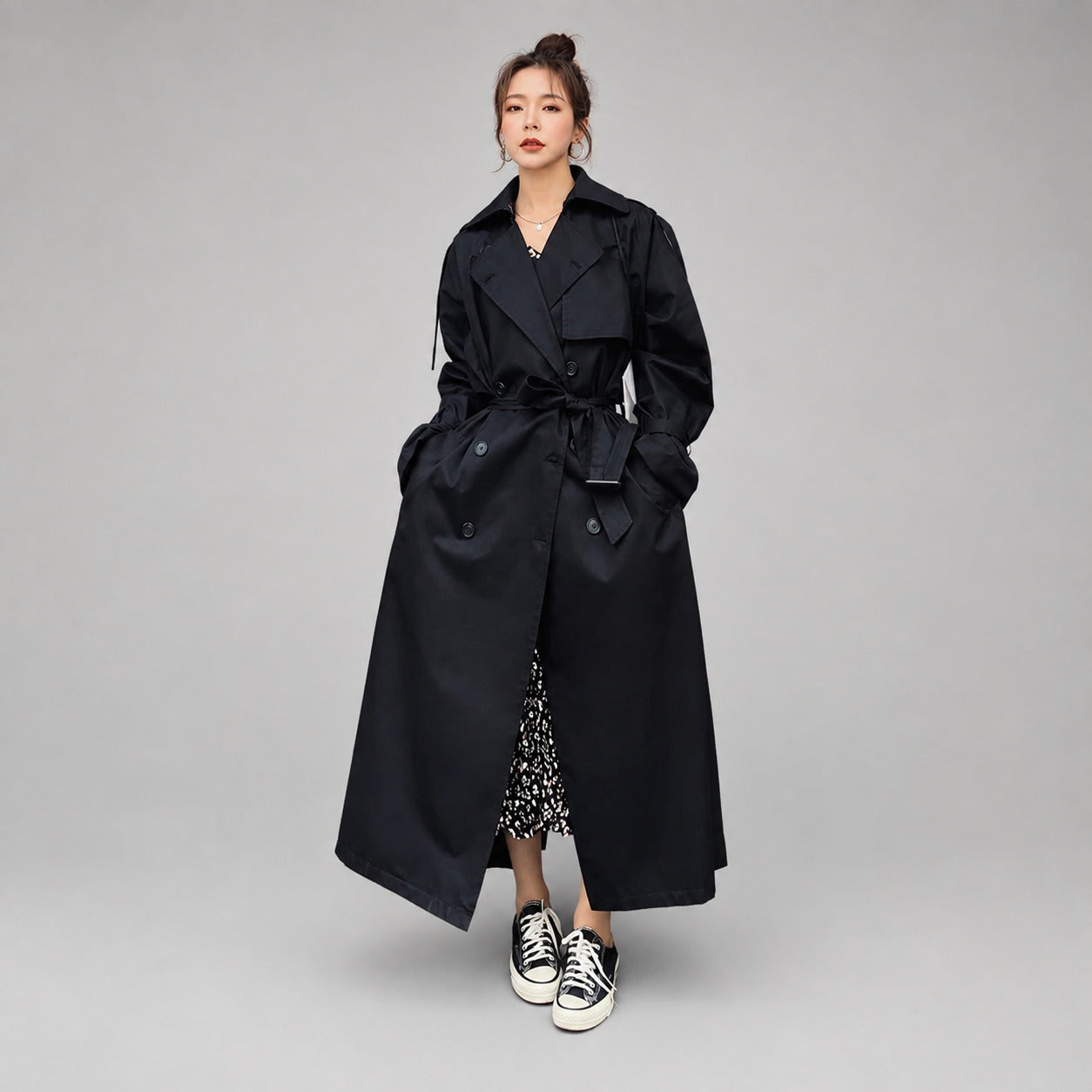Dames Oversized Lange Trenchcoat met Strikceintuur en Reverskraag