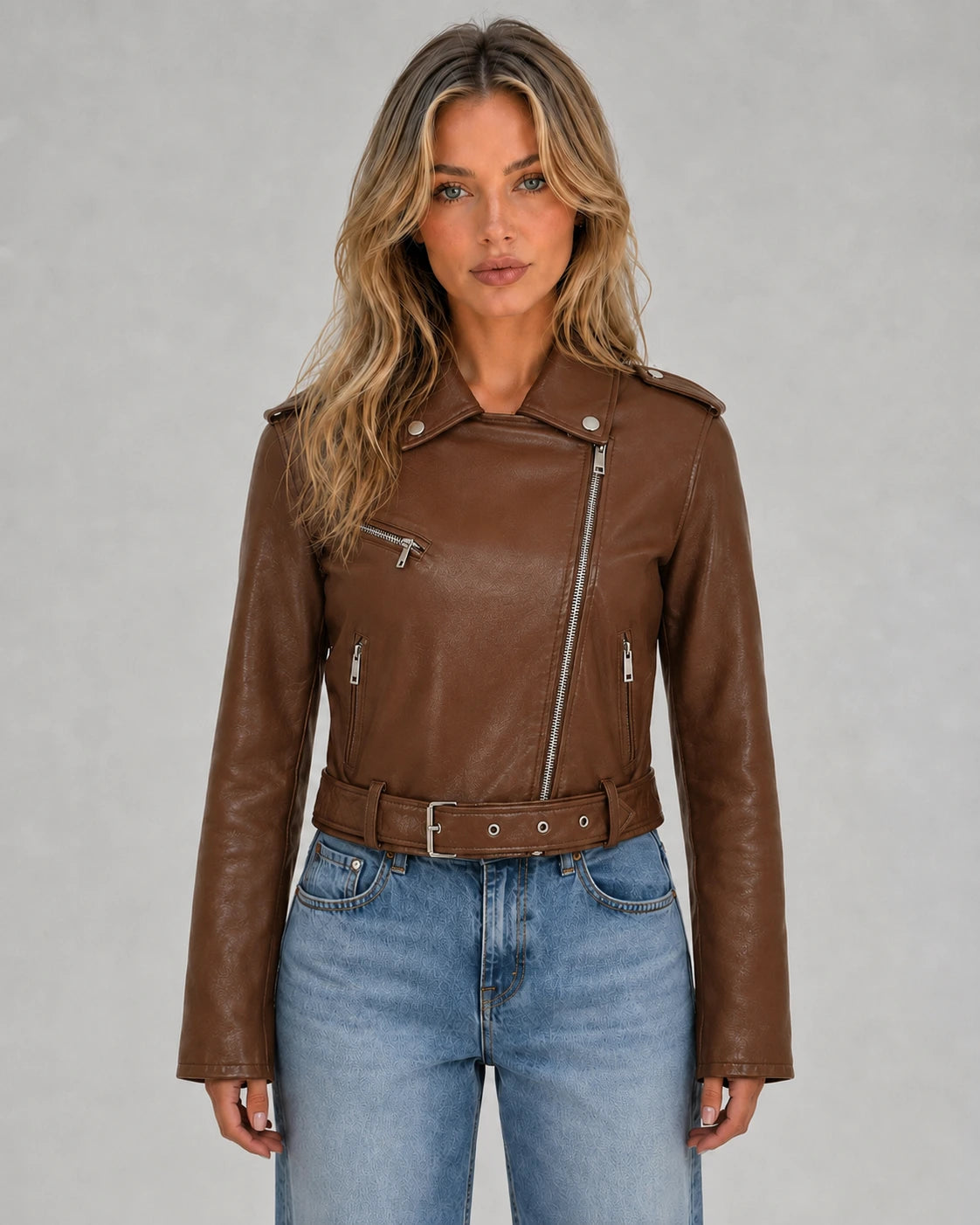 Dames PU-leer Bikerjack met Asymmetrische Rits en Riem
