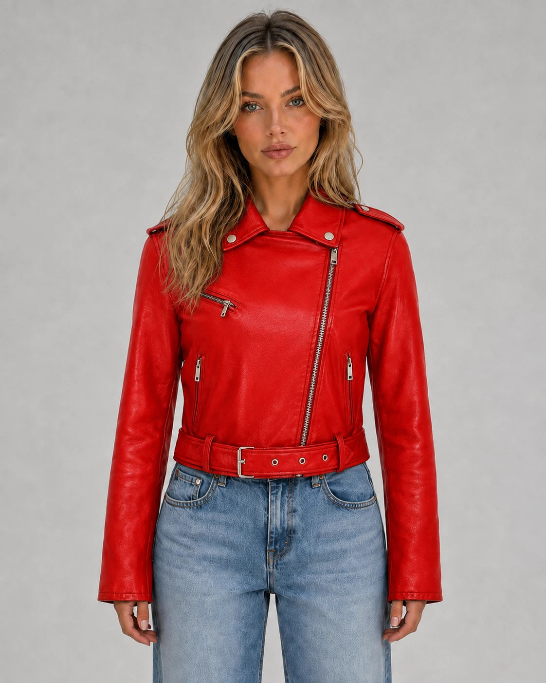 Dames PU-leer Bikerjack met Asymmetrische Rits en Riem