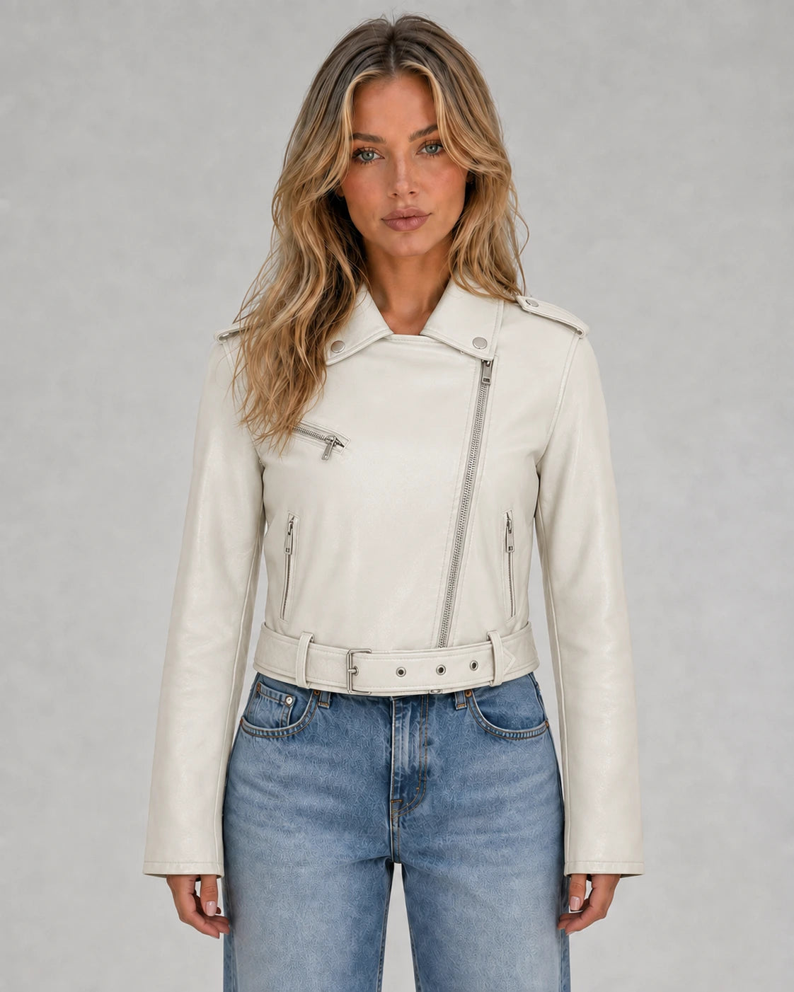Dames PU-leer Bikerjack met Asymmetrische Rits en Riem