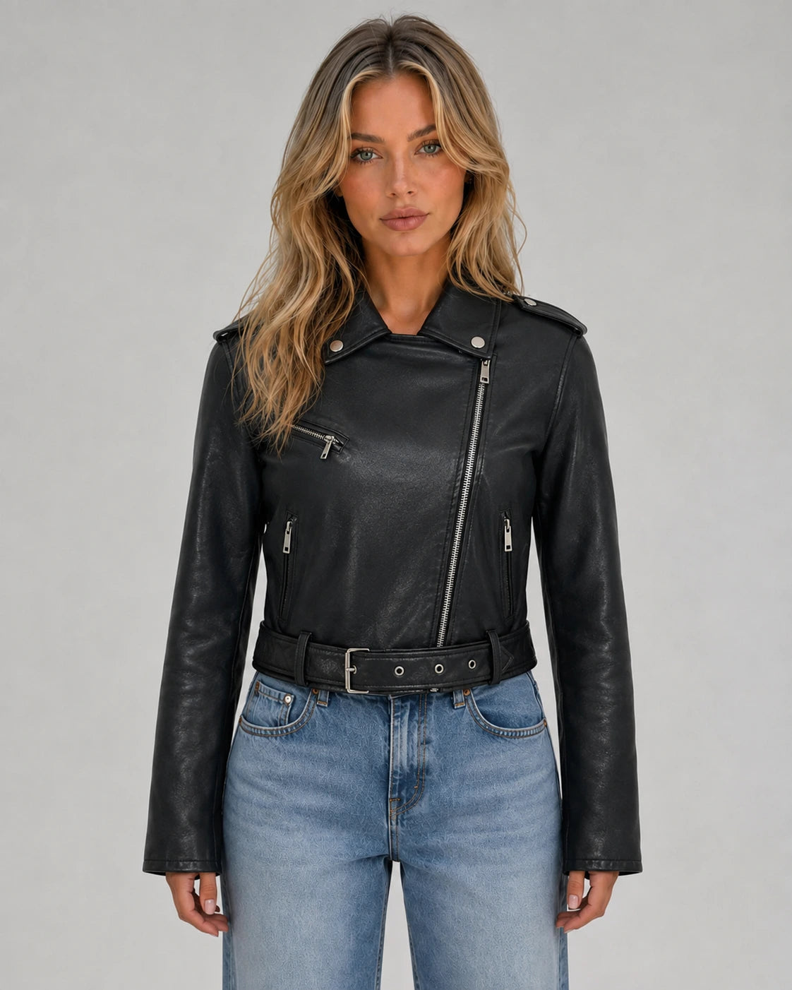 Dames PU-leer Bikerjack met Asymmetrische Rits en Riem