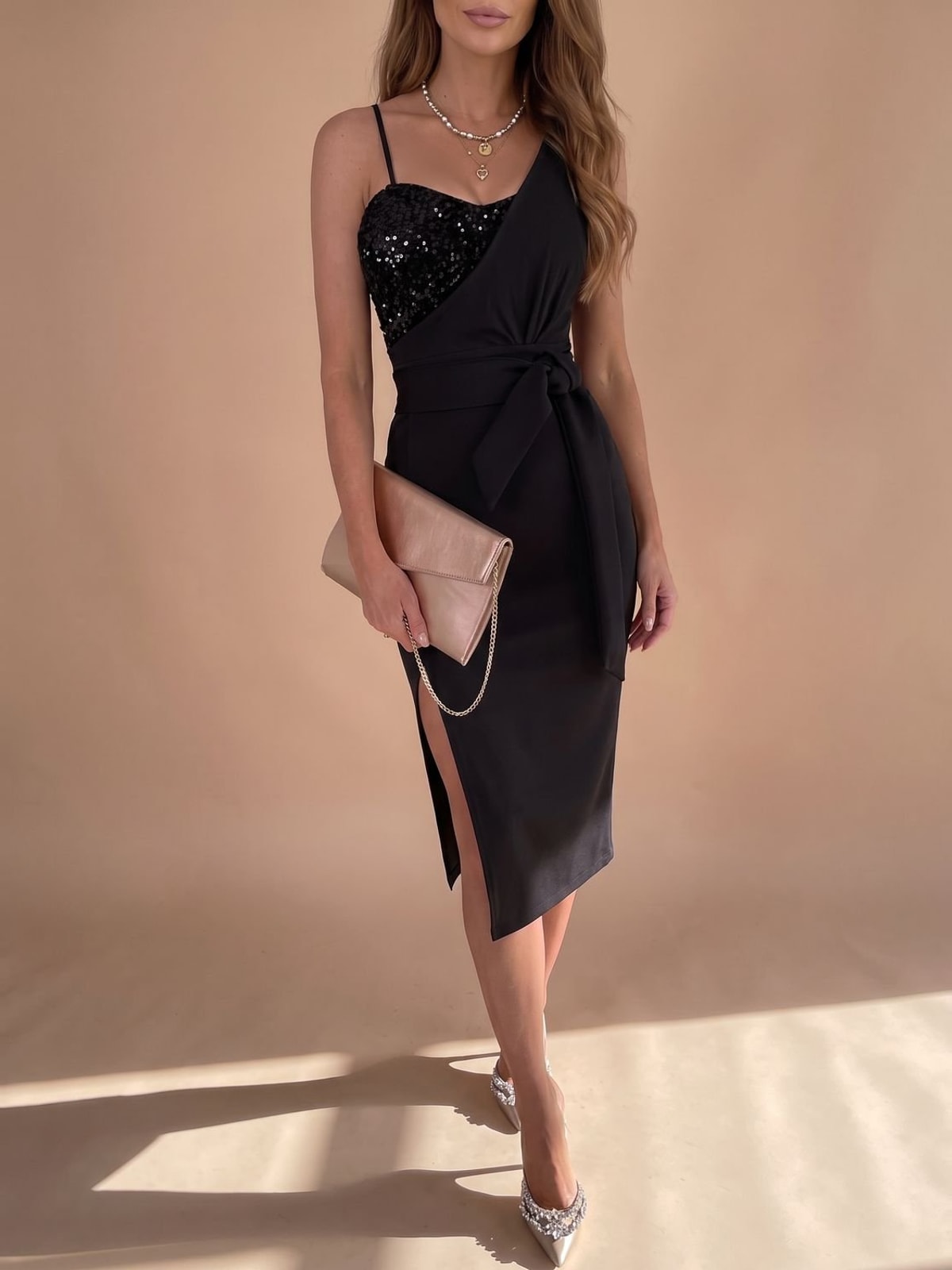 Dames Pailletten Midi Jurk met Zijsplit en Strikdetail