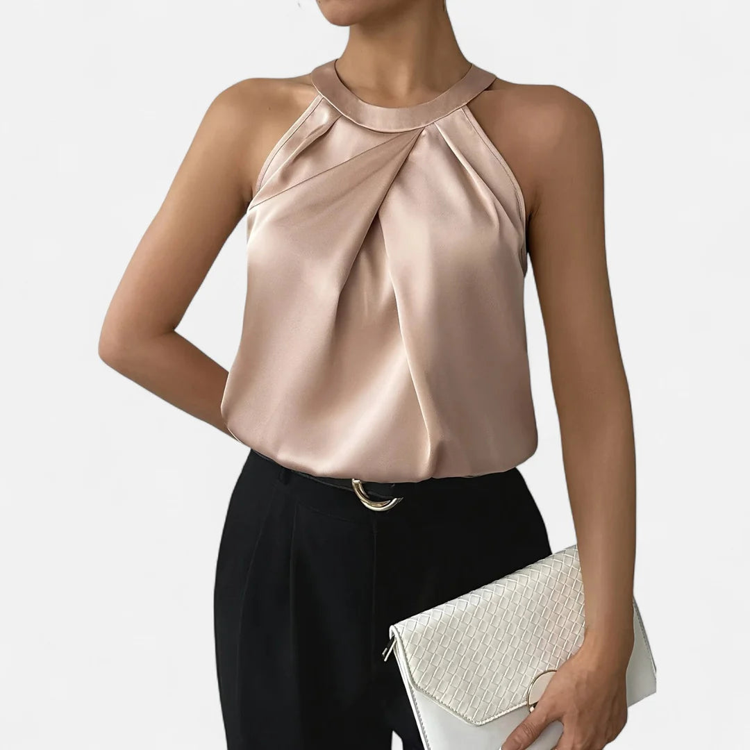 Dames Satijnlook Blouse met Halternek en Geplooide Voorkant