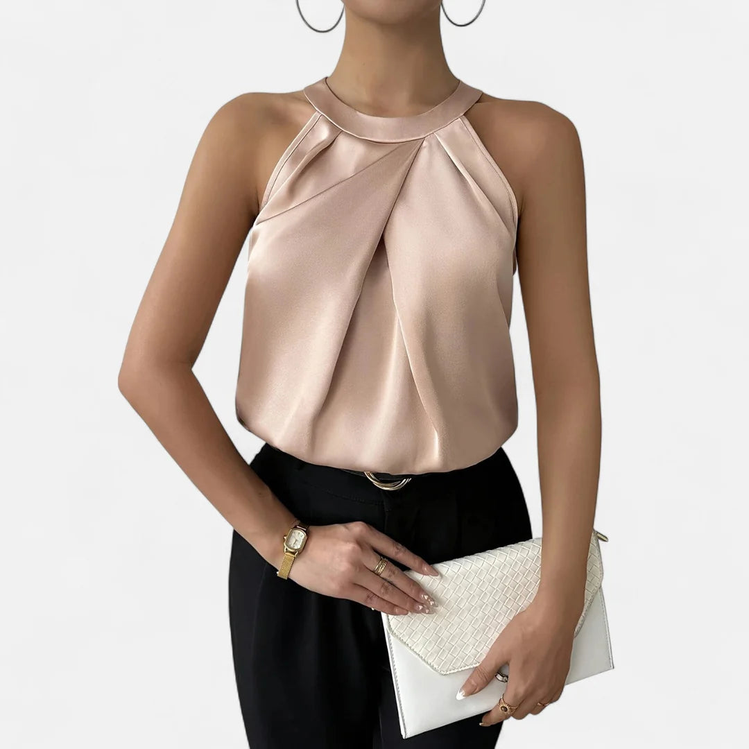 Dames Satijnlook Blouse met Halternek en Geplooide Voorkant