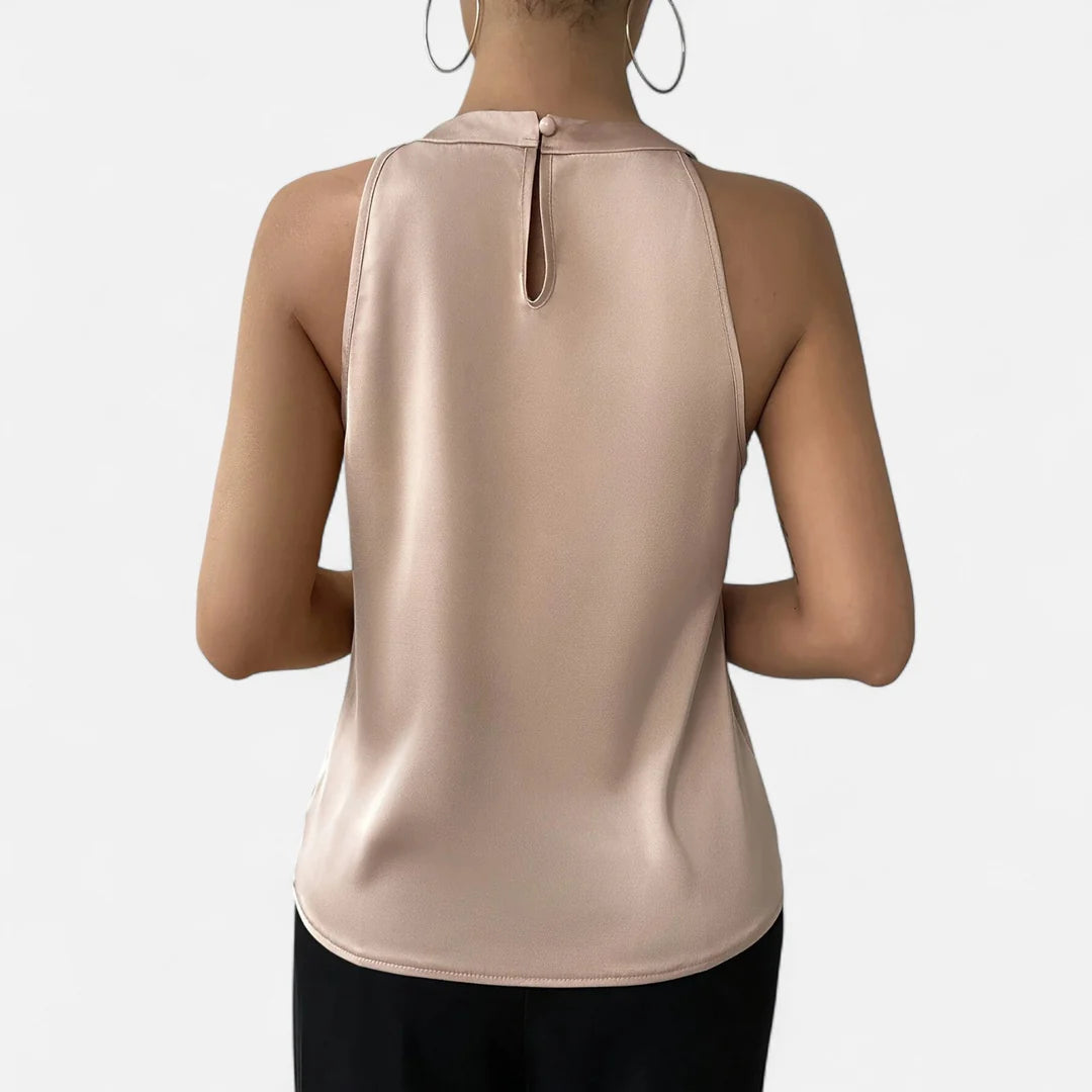Dames Satijnlook Blouse met Halternek en Geplooide Voorkant