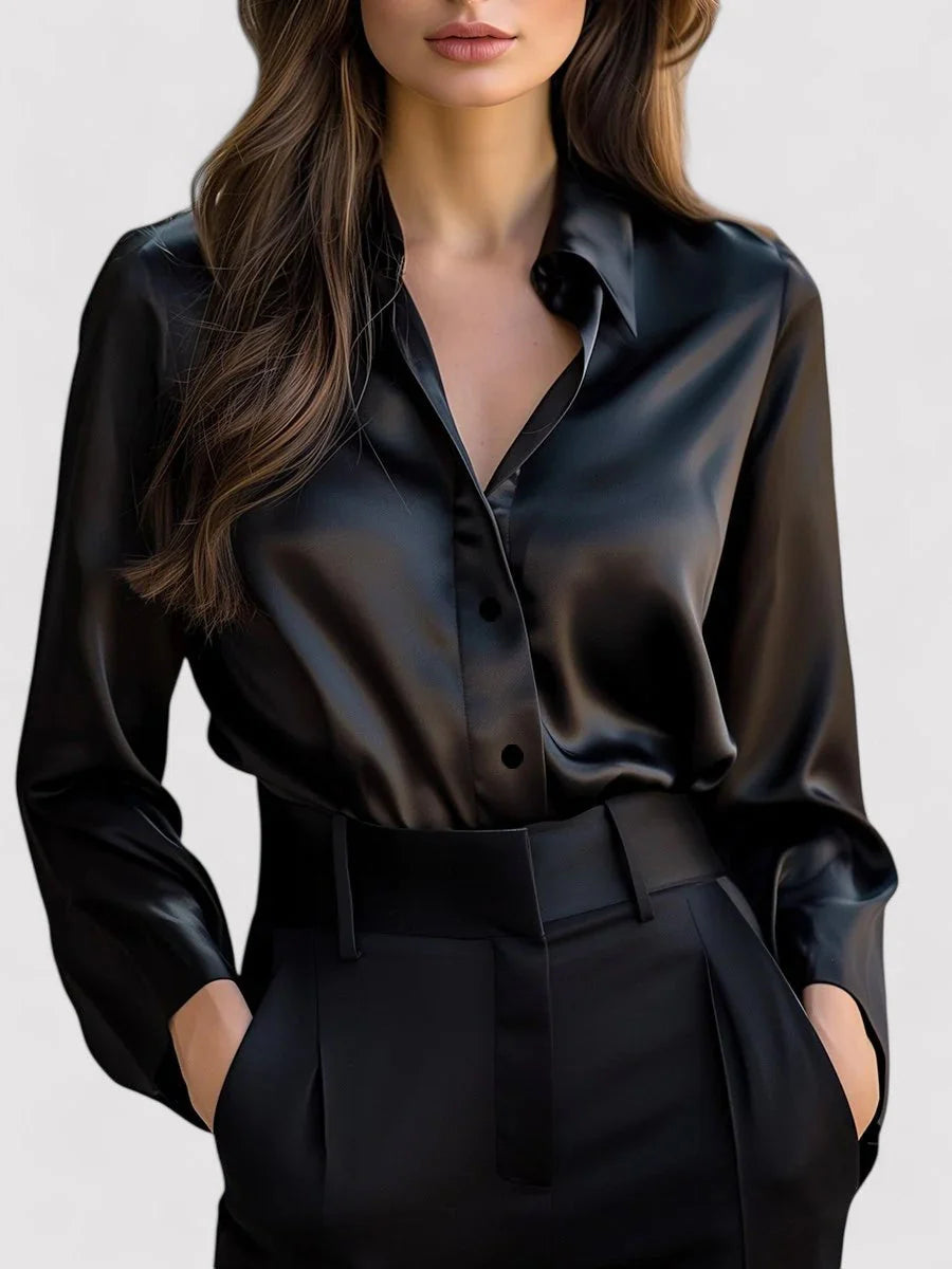 Dames Satijnlook Blouse met V-hals en Lange Mouwen