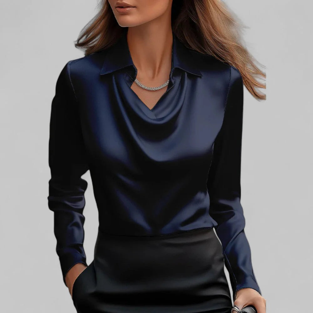 Dames Satijnlook Blouse met Waterval Hals en Lange Mouwen