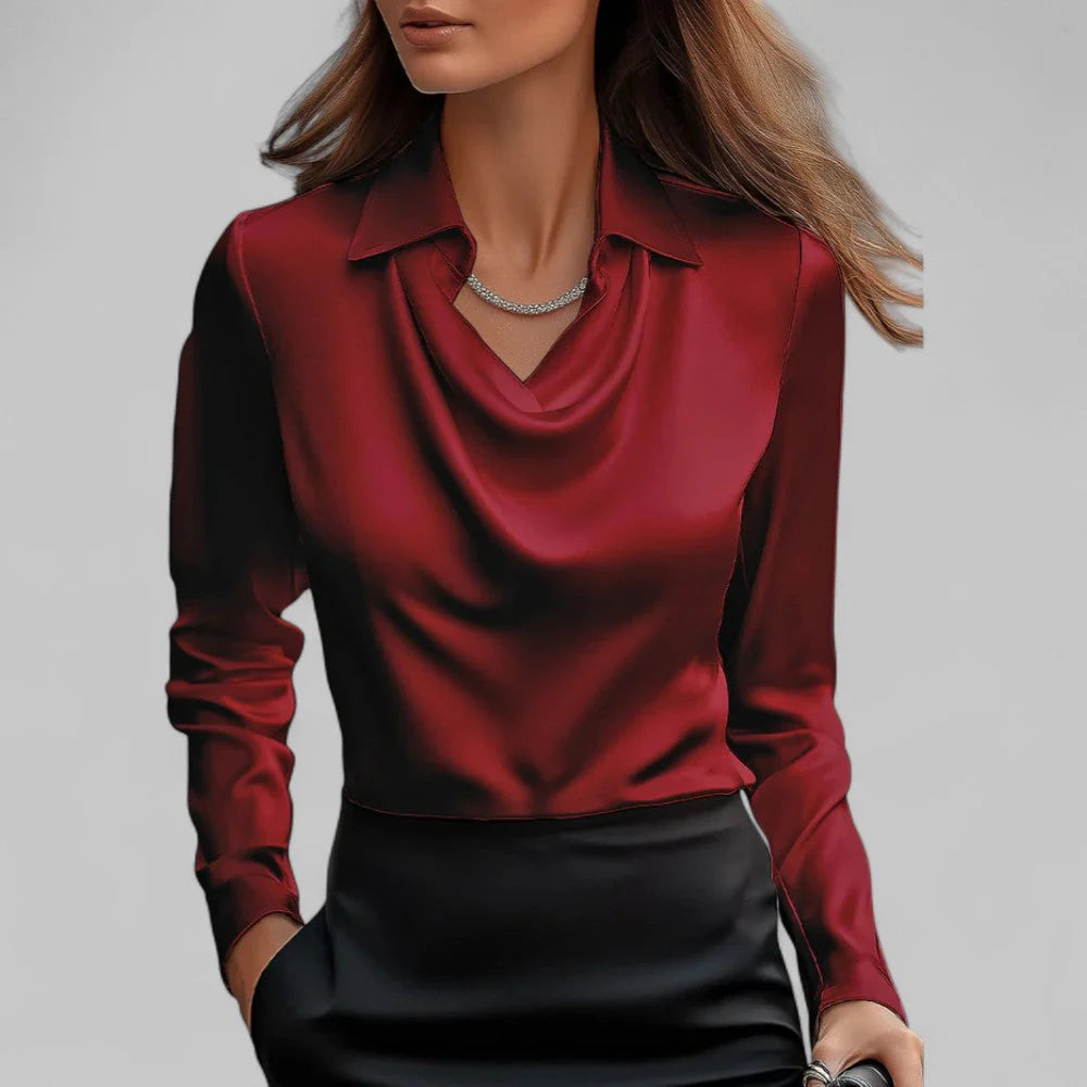 Dames Satijnlook Blouse met Waterval Hals en Lange Mouwen