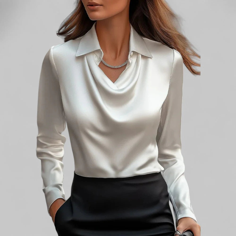 Dames Satijnlook Blouse met Waterval Hals en Lange Mouwen