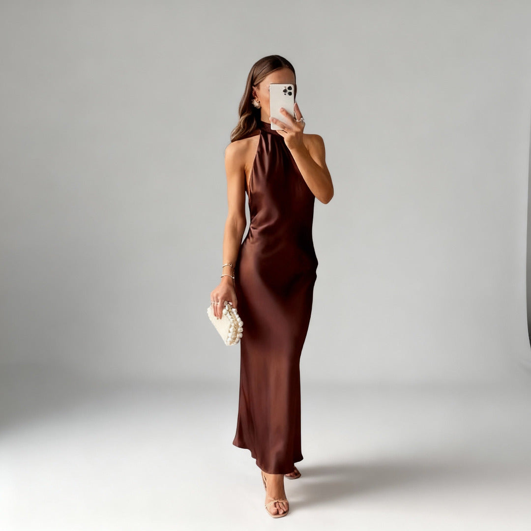 Dames Satijnlook Halter Maxi Jurk met Open Rug