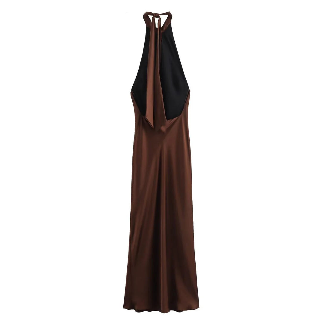 Dames Satijnlook Halter Maxi Jurk met Open Rug