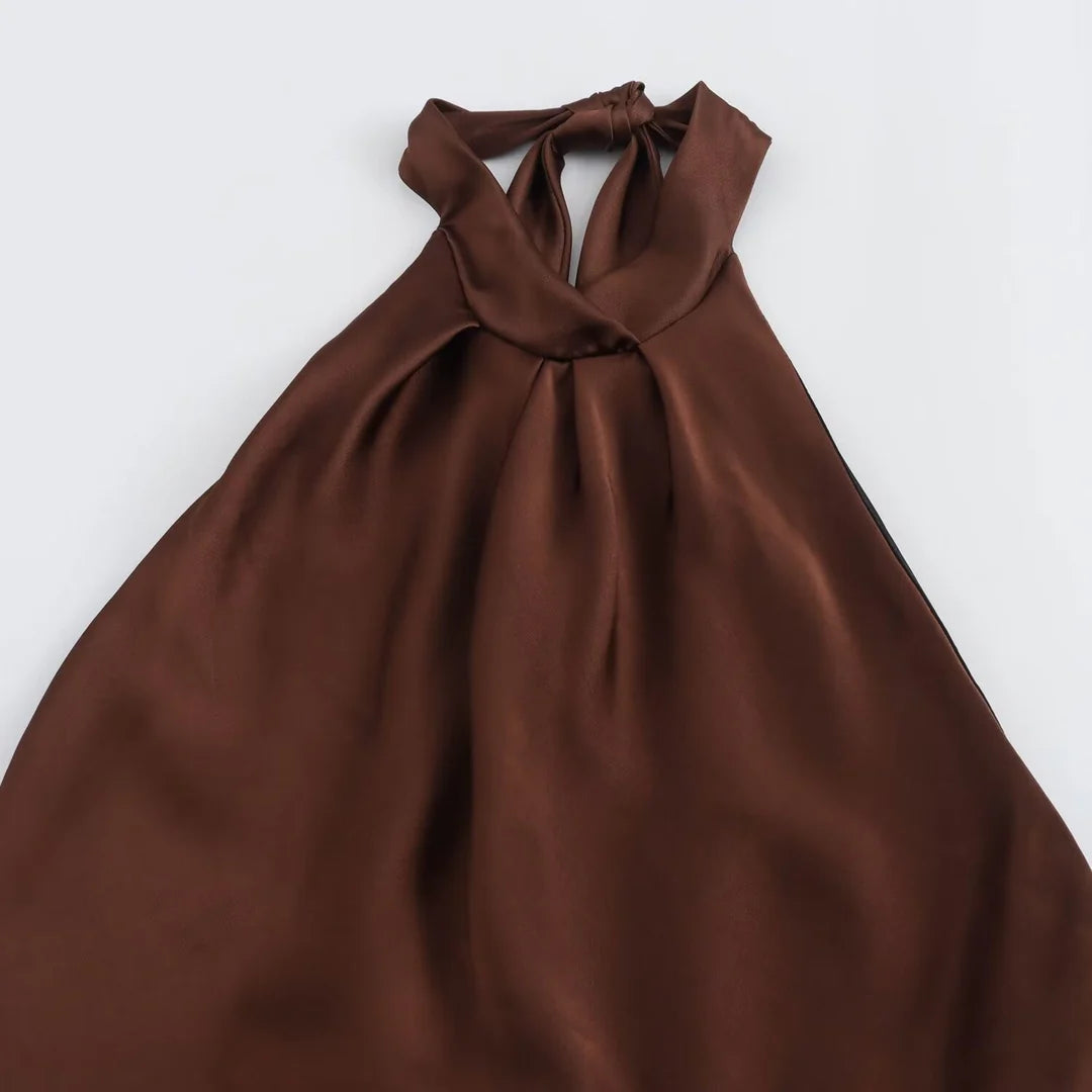 Dames Satijnlook Halter Maxi Jurk met Open Rug