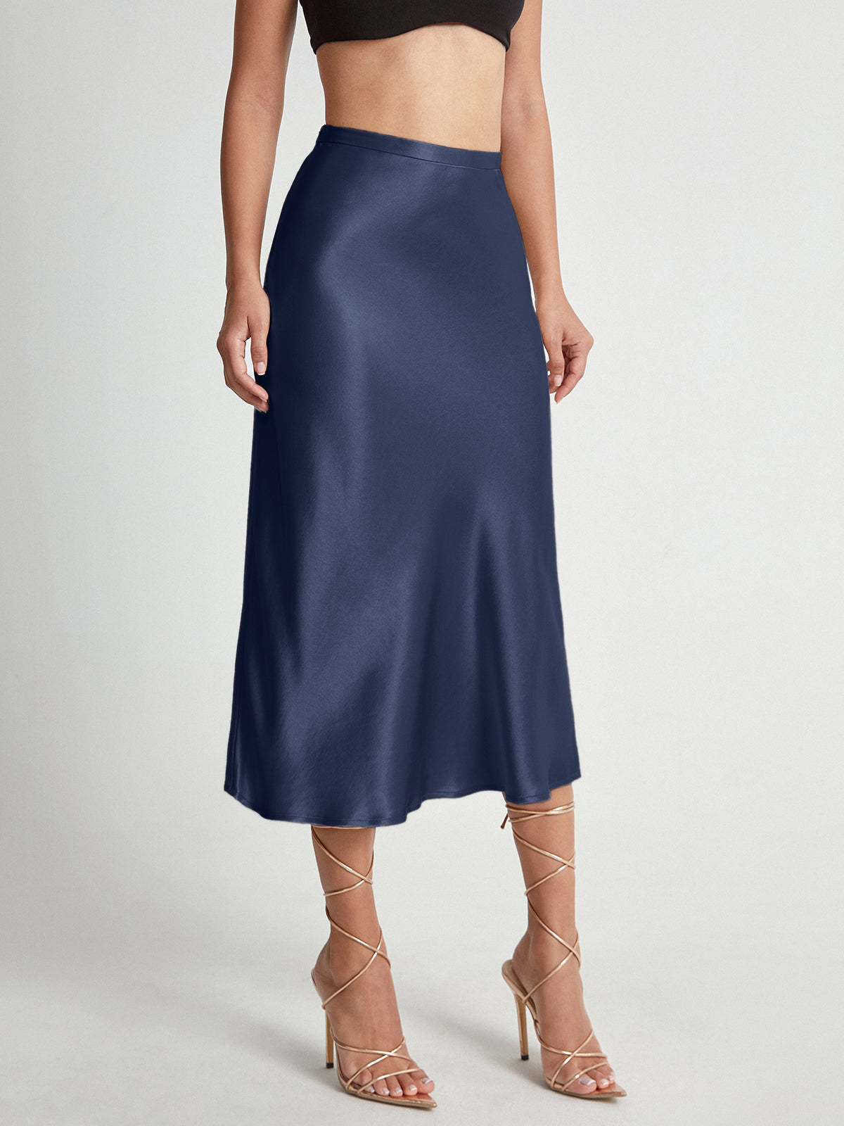 Dames Satijnlook Midi Rok met Hoge Taille