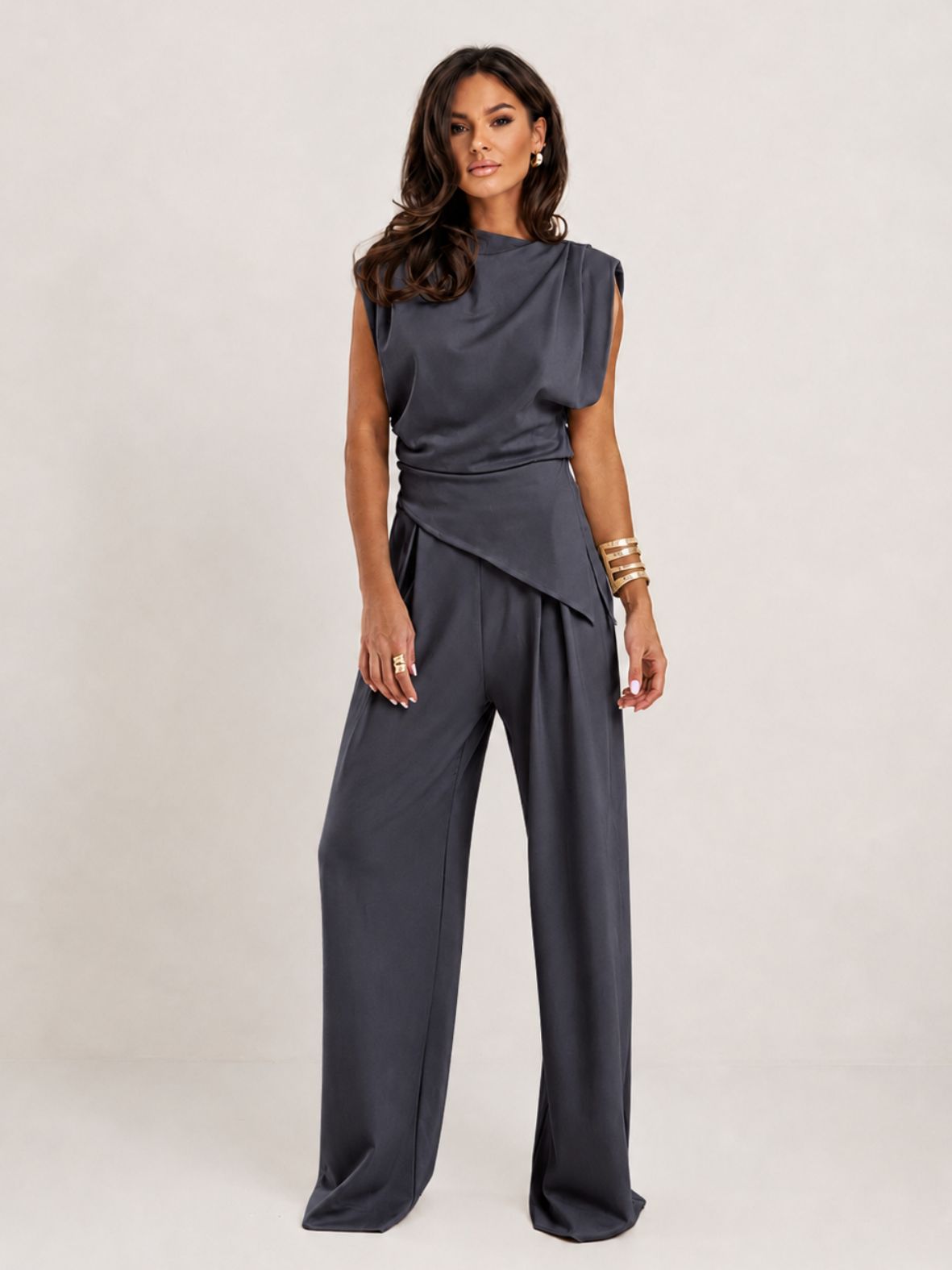 Dames Set met Gedrapeerde Top en Wijde Pantalon