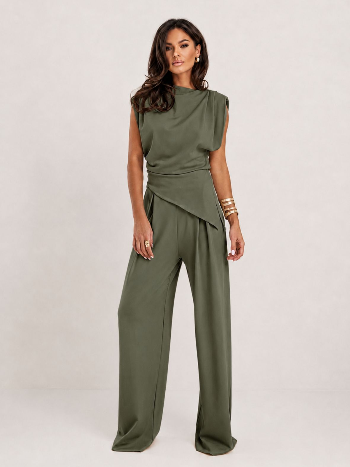 Dames Set met Gedrapeerde Top en Wijde Pantalon